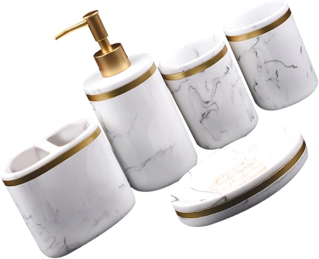 Zerodeko 5pcs Bathroom Must Haves Boys and Girls Set Marble Toothbrush Holder Soap Dish Brushing Cups Bottle