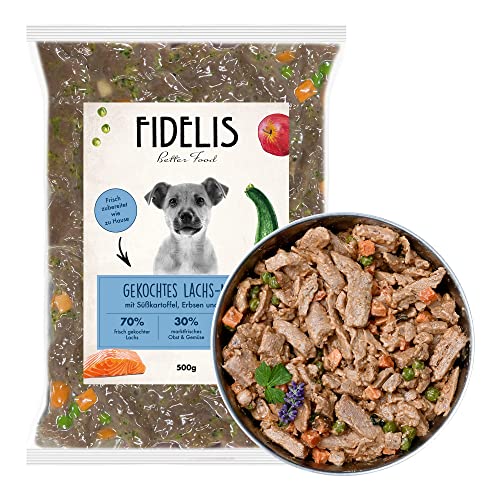 Fidelis - Gekochtes Frische-Menü Lachs für Hunde 10 x 500g - Premium Hunde Futter mit 70% Fischanteil und frischen Zutaten - Proteinhaltiges Hundefutter nass Nicht extrudiert - Zucker- & Getreidefrei