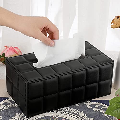 Image of Sumnacon Rectangular Leather Tissue Box Cover - Stylish Tissue Box Holder with Magnetic Bottom, Decorative PU Tissue Box for Vanity Dresser Night Stand Table Countertop Home Office Car,Grid Black