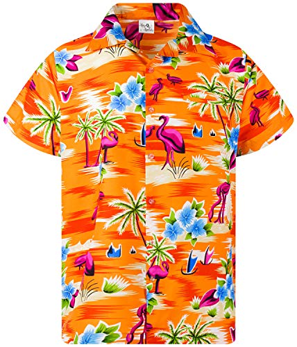 Funky Hawaiian Shirt, Shortsleeve, Flamingos Old, Orange, 3XL