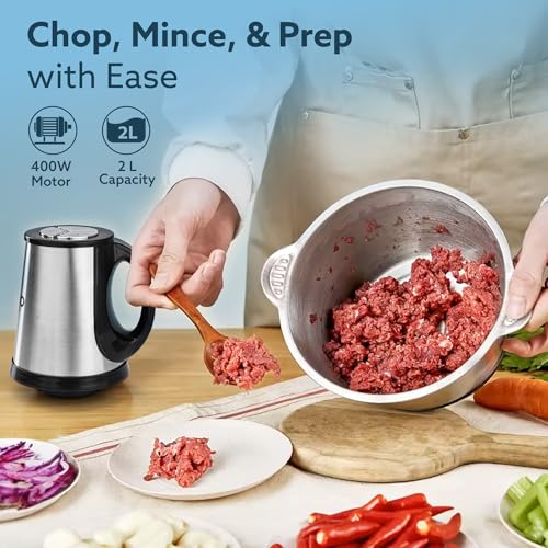 AGARO Delite Vegetable & Meat Chopper for Kitchen, Garlic Peeler, Egg Whisker, 2L Bowl, 400W Motor, 3 Speed Settings, Meat Grinder, Vegetable Mixer, Stainless Steel Body, Onion, Garlic, Fruits. 2 51uC92gBeYL