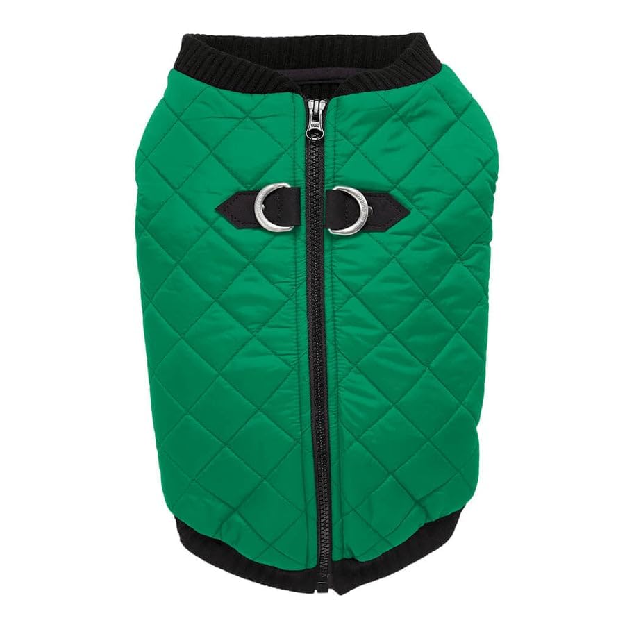 Image of Gooby Fashion Vest Dog Jacket, Green, X-Large | Quilted bomber, water-resistant; Stretch knit bottom; Dual D-ring leash; Pain-free zipper guard; Warm