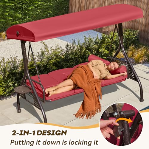 Image of 3 in 1 Outdoor Porch Swing with Adjustable Canopy, 3 Seat Outdoor Swing for Adults, Patio Swing Chair with Thickened Cushions,Pillows & Cup Holders for Backyard, Porch, Garden (Wine Red)