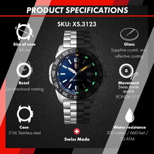 Luminox Pacific Diver XS.3123 herrklocka 44 mm – militär dykarklocka i silver/blå datumfunktion 200 m vattentåligt safirglas, Svart, armband