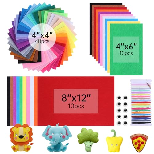 Abejfic 60Pcs Felt Fabric Sheets Craft Kit - 4'X 4' + 4'X 6'+ 8'X 12' Assorted Colors - 1Mm Thick Square Nonwoven Felt Fabric For Kids, Diy Sewing Crafts, Patchwork, School Projects, Decoration