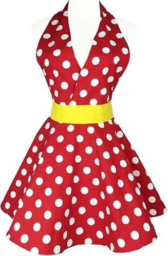 Hyzrz Preciosos delantales retro para mujer, lindo y ajustable, de algodón, sexy, con cuello en V, diseño de lunares, clásico con ondas grandes y