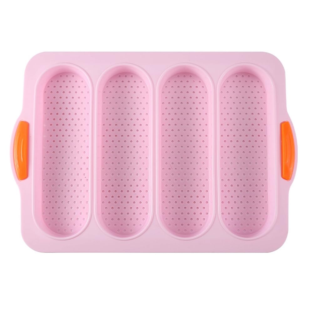 Bloepum 4-Slot French Cake Mold French DIY Small Bread Mold Non-Stick Easy-to-Release Baking Tray Pink