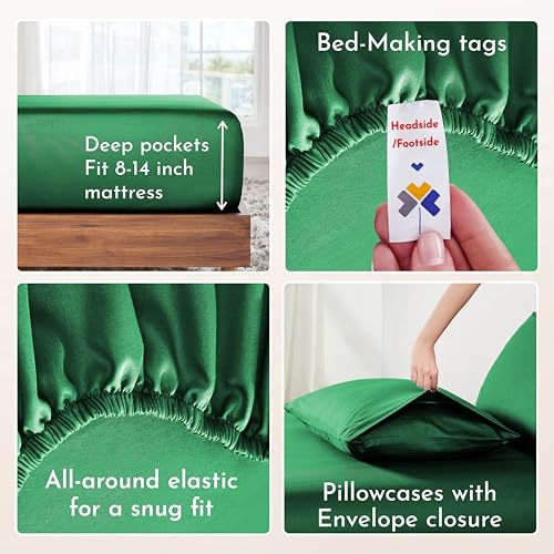 Image of California Design Den Deep Pocket Queen Sheets Set - Natural 100% Cotton Sheets Queen Size Bed Set, Soft Sateen Weave, Breathable and Durable Bedding (Emerald Green)
