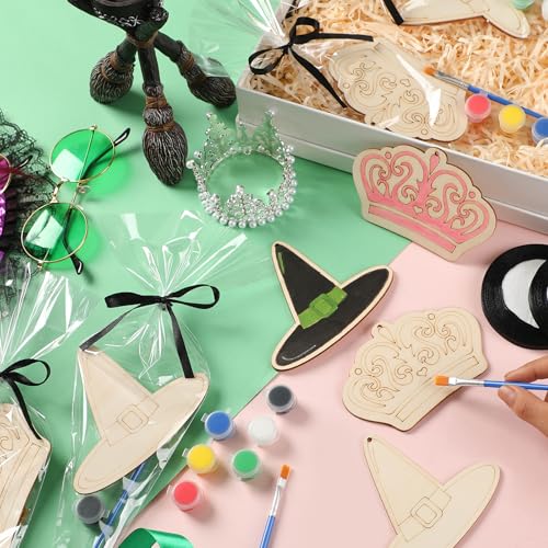 Image of VioraWhite 24 Set Paint Your Own Witch Princess Party Favors Pink and Green Party Supplies Witch Hats Princess Crowns DIY Wood Painting Craft Kit Color Your Own Arts Crafts Kit for Birthday Gift
