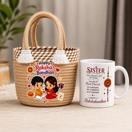 Image of Rakhi Gift Hamper for Sister | Rakhi Bag (Random Color) with Printed Ceramic Coffee Mug | Raksha Bandhan Festive Combo | Designer Hamper | Coffee Mug Set
