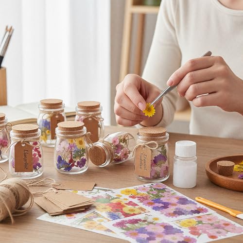 Set de 162 piezas de flores secas y frascos de vidrio con tapón miniatura 2