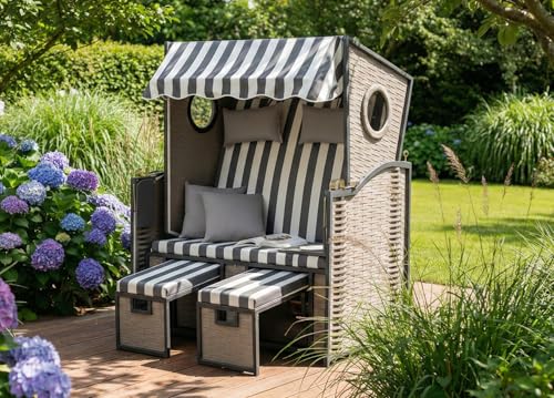 Wohnando Strandkorb 2 Sitzer mit Bullauge | Ostsee Volllieger wetterfest | Outdoor Sonneninsel mit Polyrattan Fußablage | Sonnenliege mit Dach & 2 Klapptische | Balkon Garten Terrasse Anthrazit Weiß
