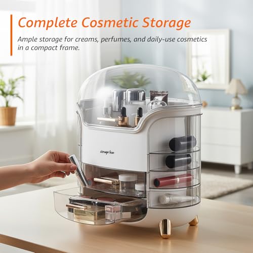 Image of Amazon Basics Glossy ABS+PC Cosmetic Storage Organizer | 30 x 20 x 34 cm | Multi-Compartment | Waterproof & Dustproof Lid | White