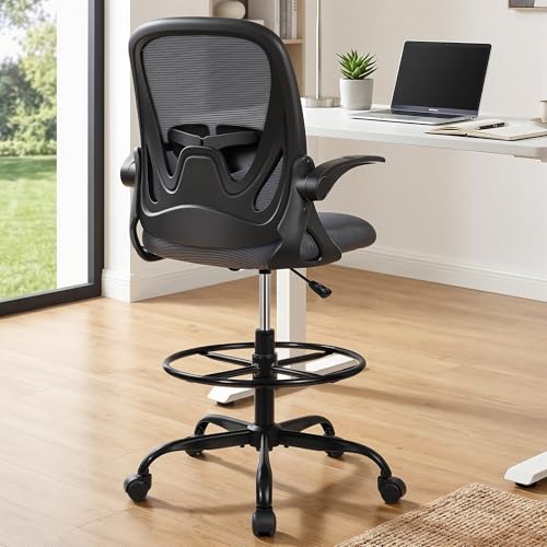 Image of Primy Drafting Chair Tall Office Chair with Flip-up Armrests Executive Ergonomic Computer Standing Desk Chair with Lumbar Support and Adjustable Footrest Ring（Dark Gray）