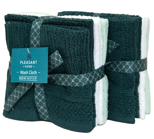 Image of PH Pleasant Home Ribbed Wash Cloths Set - 12 Pack (12 inch x 12 inch) - 509 GSM - 100% Ring Spun Cotton Wash Cloth - Super Soft and Highly Absorbent Face Towels (Green, White, Mint)