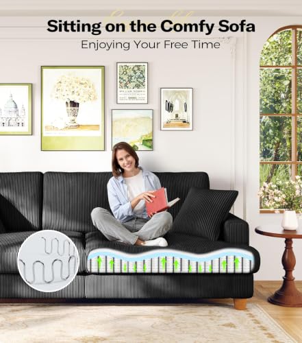 Image of Kidirect 87in Corduroy Couch, 3 Seater Sofa, Sofas & Couches, Black Couch