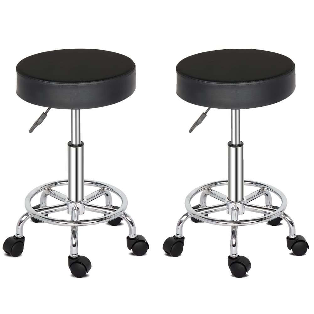 Sgabello Regolabile con Ruote,Sgabello Girevole in Similpelle Regolabile 50-64 cm per barbiere dentista piccola sedia da lavoro professionale girevole con ruote (Black, 2)