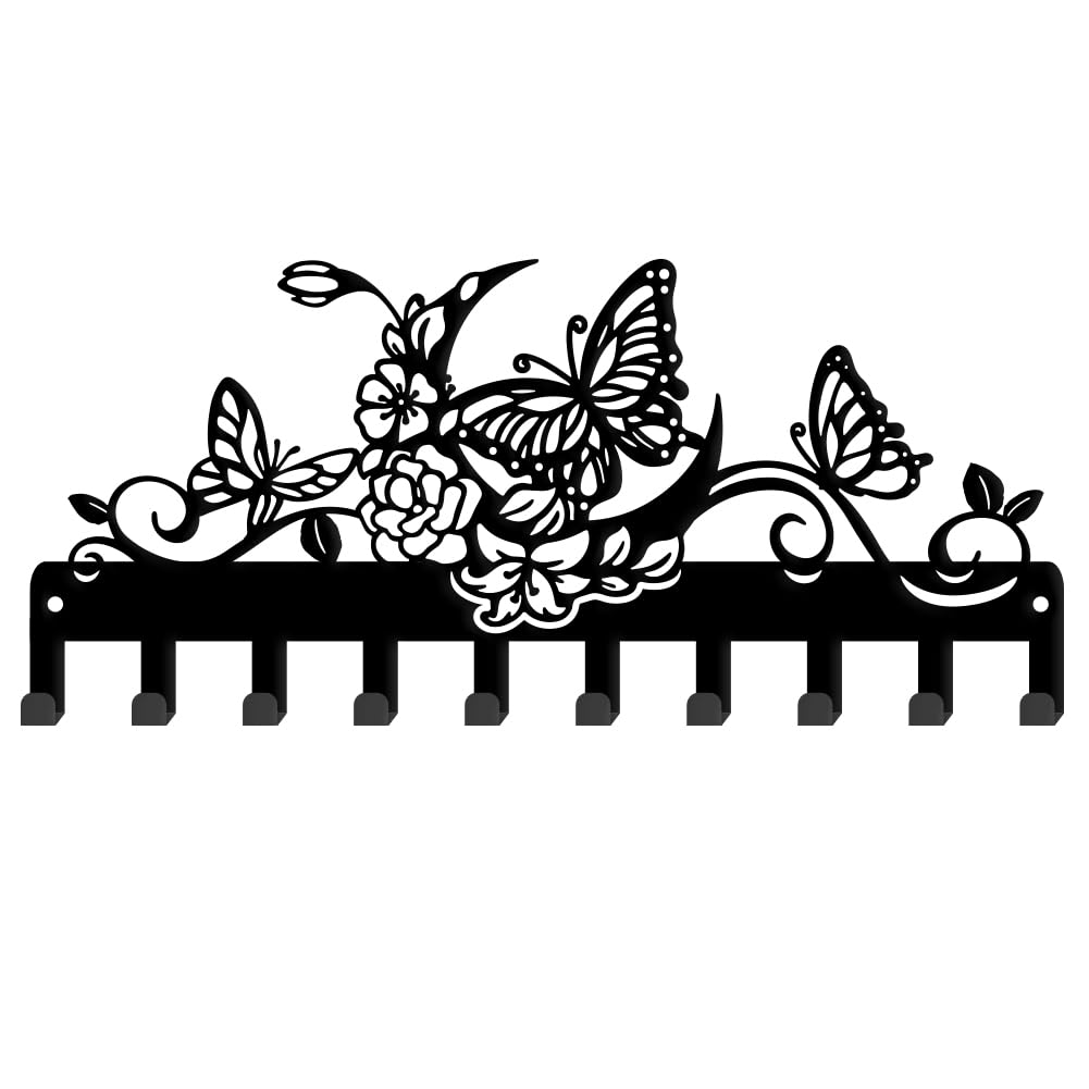 SUPERDANT Butterfly and Moon Metal Key Holder Butterflies Decorative 10 Hooks Black Key Rack Organizer Wall Mounted Rack Hooks Personalized Key Hanger Dog Leash Hanger for Home Wall Front Door