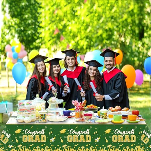 Image of chiazllta Set of 3 Graduation Tablecloths Class of 2026 Congrats Grad Green Graduation Party Tablecover Decorations Party Supplies Large Size Plastic 54 inchx108 inch(Green & Gold)