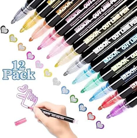 Image of INK SPOT Outline Metallic Marker Pen Set Pack of 12 Double Line Glitter Outline Pens for Art Craft Drawing Calligraphy Scrapbook Greeting DIY Projects Multicolor