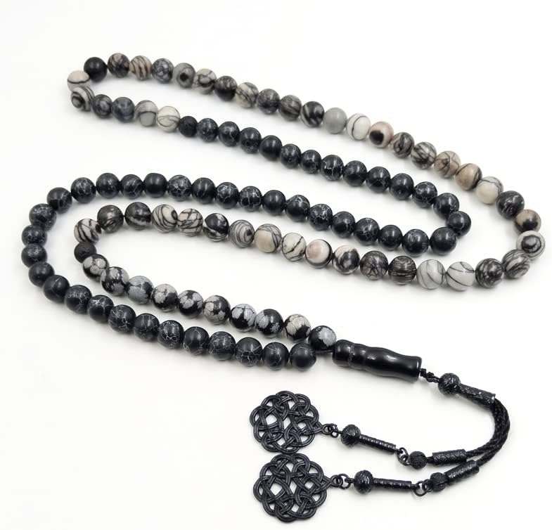 ALBASHAN Tasbih 100 beads Obsidian black turquoise and Black Network Jasper misbaha