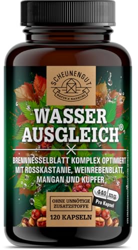 WASSERAUSGLEICH® Brennnessel Kapseln -WICHTIG: Laborgeprüfter Wasserkomplex mit Rosskastanienextrakt, Roter Weinlaub, Mangan +Kupfer -gut verträglich ohne Chemie- DE SCHEUNENGUT®