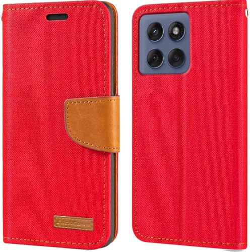 Image of ClickCase Canvas Series for Motorola Edge 60 Fusion 5G Cloth & Pu Leather Wallet Flip Case Kick Stand Magnetic Closure Flip Cover for Motorola Edge 60 Fusion 5G (Red)