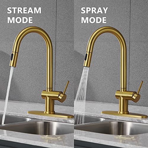 Yardmonet Brushed Gold Kitchen Faucet With Pull Down Sprayer, Modern Gold Kitchen Sink Faucet Single Hole With 10" Deck Plate, Single Handle Pull Out Kitchen Faucets For Sink #TOP3
