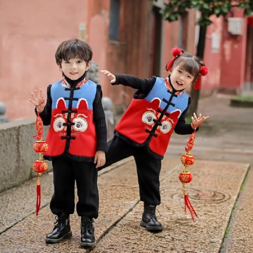 Quenny Children's Hanfu, Tang attire, boys' New Year's greetings, boys' treasures, New Year's vests, autumn and winter New Year clothes(red,90cm)4