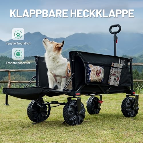 TIMBER RIDGE XXXL Bollerwagen Faltbare 300L Extra Langer mit Faltbarer Heckklappe Handwagen mit Seitentasche Getränkehalter verstellbarem Griff, Gartenwagen Transportwagen für Alle Gelände