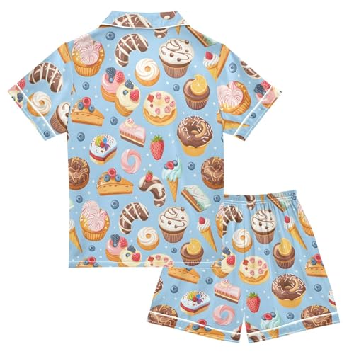 ALAZA Ice Cream Cake Donut Satin Pajamas Set Short Sleeve Button Down Sleepwear Summer Pjs 2 Piece2