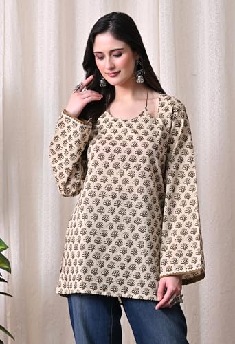 Image of MEERA FAB Women Cotton Printed A-Line Tunic Top with Square Neck | Floral Printed Halter Strap Detail & Bell Sleeves | Short Kurti for Women