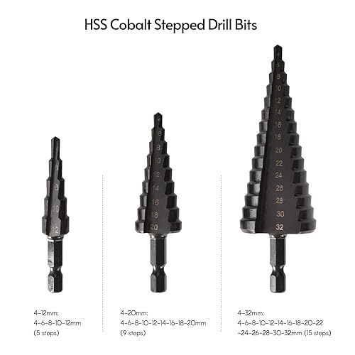 Miniatura 4 de HSS - Juego de brocas escalonadas, recubiertas, autodesbarbadoras, 0.157-1.260 in, 3 brocas y 1 punzón central, para hierro fino, acero, madera,