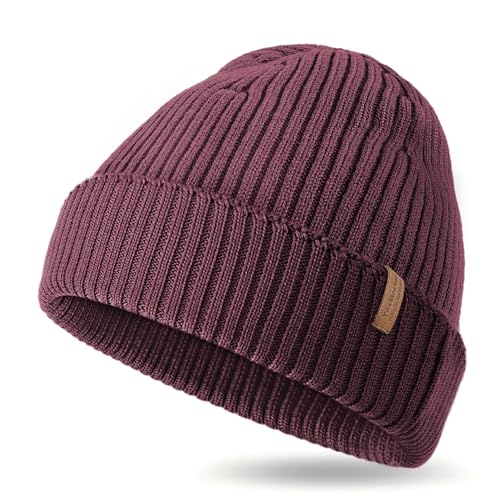 100% Merino Wool Rib Knit Beanie for Men Women, Cuffed Winter Hat, Soft Warm Lightweight Unisex Cold Weather Gift Wine