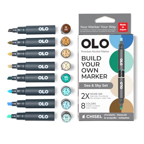 OLO Sea & Sky 8pc Chisel Tip Alcohol Markers. Customizable with Innovative Ink Flow. Professional Markers for Illustration, Sketching, Drawing, Manga, Paper Craft, Cardmaking