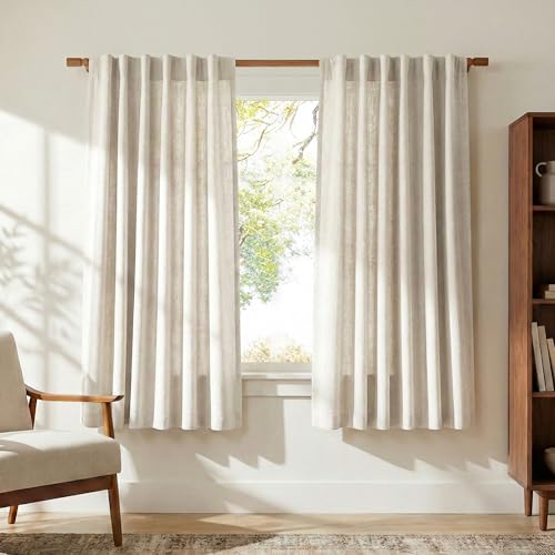 NICETOWN Semi Sheer Curtains 63 inch Length 2 Panels for Bedroom Rod Pocket & Back Tab Faux Linen Blend Window Treatments Light Filtering Home Decor for Farmhouse Natural W55 x L63