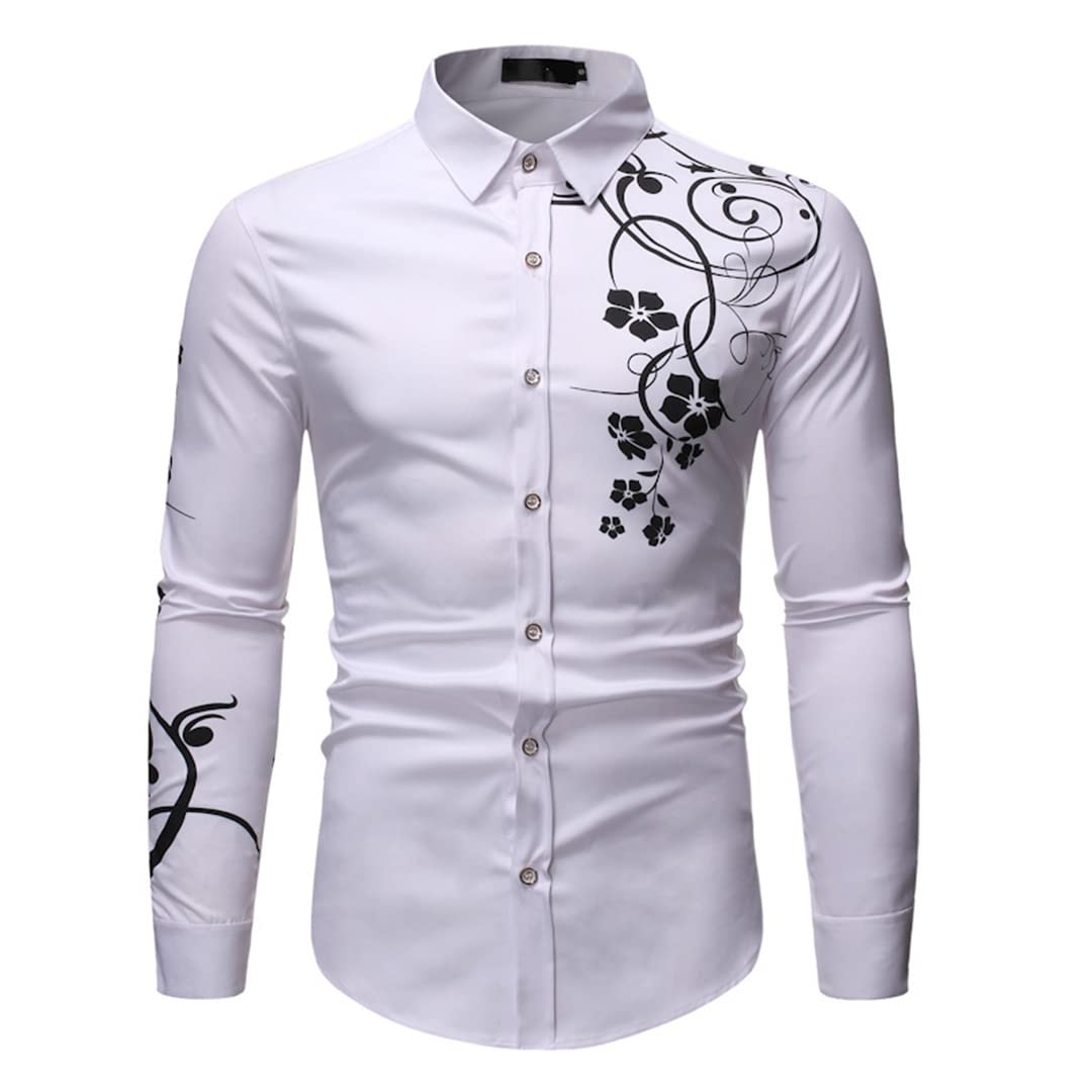 Camicia di Stampa Fiore Oro per Uomo Primavera Slim Fit Manica Lunga Mens Abiti Camicie Casual Camicia Sociale Black M