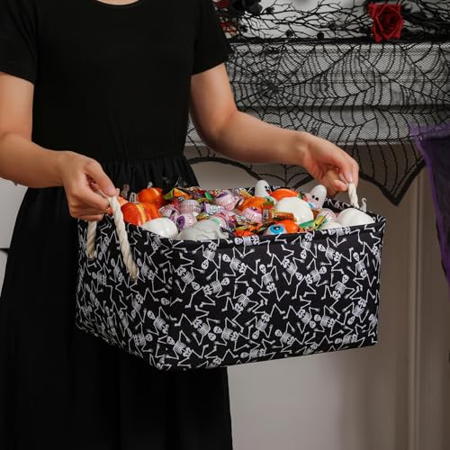 Image of Halloween Skeleton Basket Spooky Baskets, Collapsible Gift Basket Toy Storage with Handles Halloween Skeletons Stuffer Basket Large Storage Bins with Drawstring Closure Skeleton Decorations