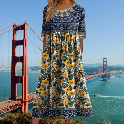 Boho Dress for Women Floral Print Short Sleeve Crewneck Plus Size High Waist Smocked Flowy Swing Ruffle Dress - Image 2