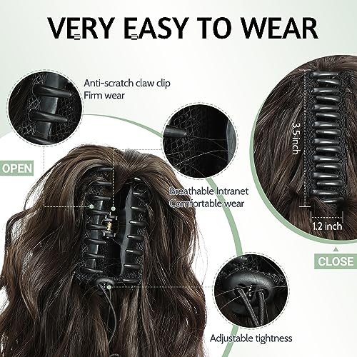 FINE PLUS Ponytail Extension Claw Synthetic Curly Wavy Claw Clip in Ponytail Hair Extensions 18INCH Curly Ponytail Extension Hair Hairpieces for Daily Party Use Dark Cool Brown Color - Image 4