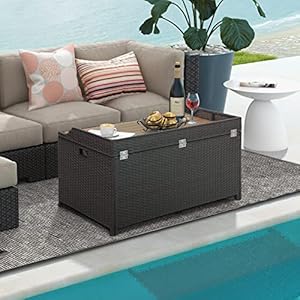 Tangkula 45 Gallon Outdoor Storage Bench, Mix Brown Rattan Storage Container with Zippered Liner, Acacia Wood Top Lid, Sturdy Gas Strut Support, 3-in-1 Multifunctional Deck Box for Front Porch, Garden Tangkula 45 Gallon Outdoor Storage Bench Mix Brown Rattan Storage Container with Zippered Liner Acacia Wood Top Lid Sturdy Gas Strut Support 3 in 1 Multifunctional Deck Box for Front Porch Garden