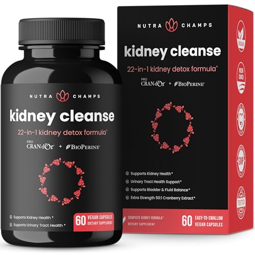 Kidney Cleanse Detox & Repair | 22-In-1 Kidney Health Supplement | Extra Strength 50:1 Cranberry Extract with Bioperine for Increased Absorption | Kidney & Urinary Tract Support & Flush Formula