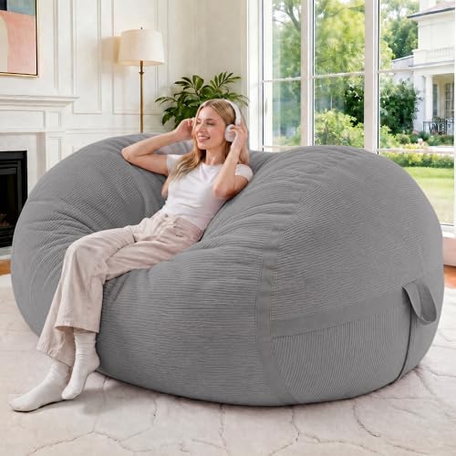 Image of 4FT Bean Bag Chair 4'Big Bean Bag Chairs with Adults, Large Beanbag Chair | Bean bag Lounger with Machine Washable Cover Fine Corduroy Fabric, Comfy Chairs for Living Room Bedroom Dorm, Lightgrey