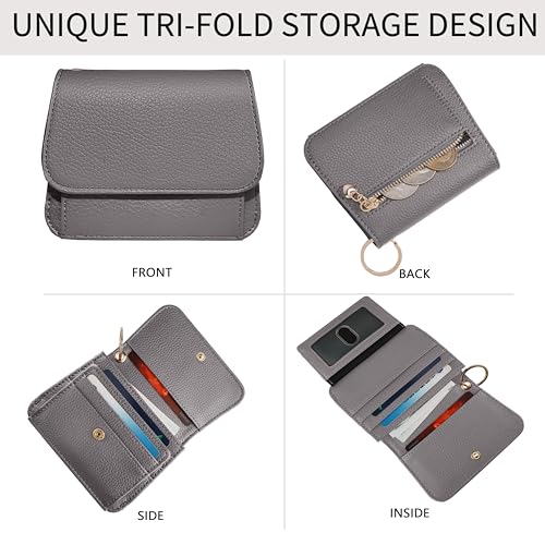 Image of Women Small Wallet RFID Blocking Slim Wallet with Coin Pocket Tri-Fold Credit Card Holder with ID Window and Keychain (Grey)