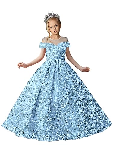Sequin Flower Girl Dresses for Wedding Off Shoulder Sparkly Pageant Dress for Girls Ball Gown Kids Dress