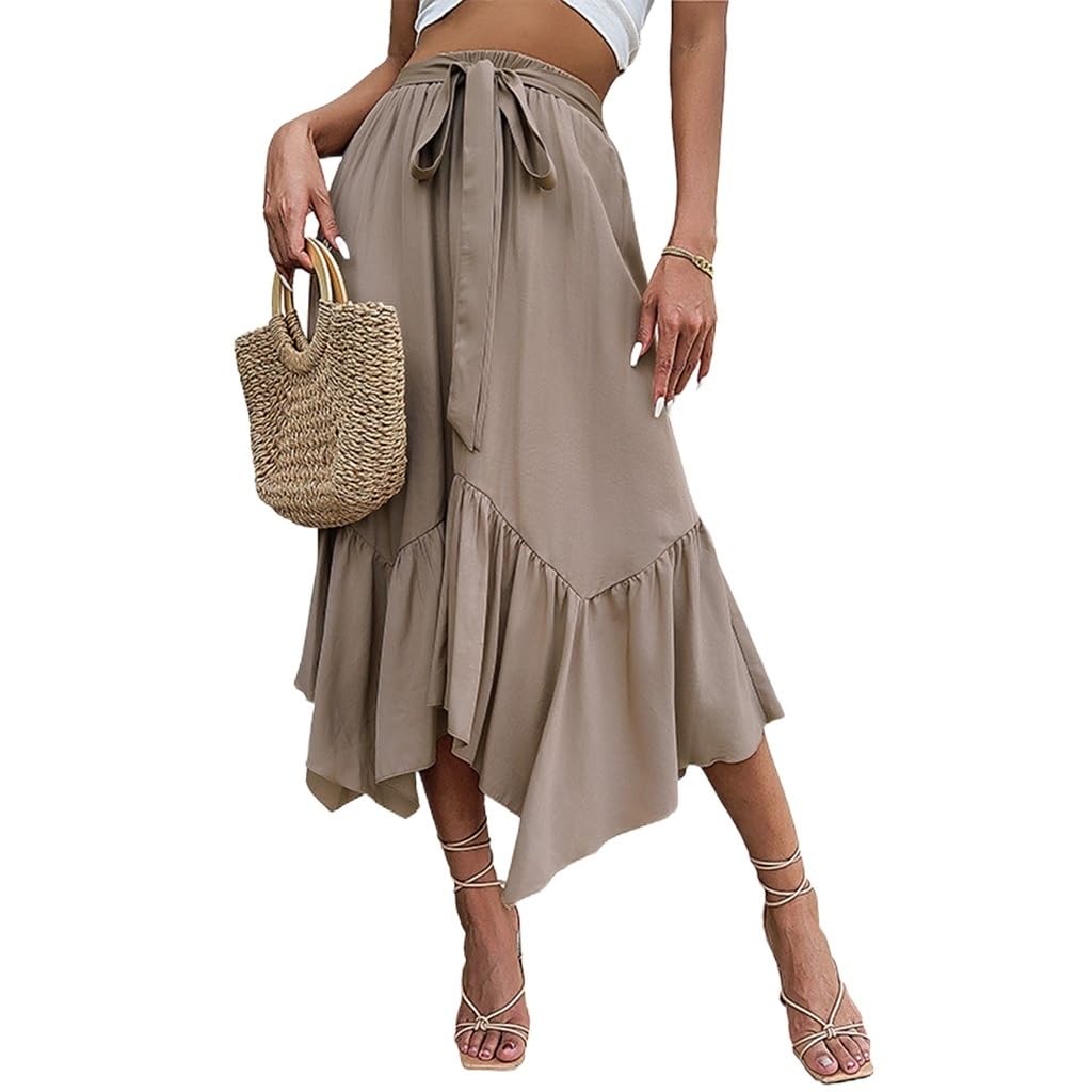 Womens Elegant Solid Tie A-Line Falda Midi Ligero de Cintura Alta Casual Irregular Dobladillo Acanalado Faldas