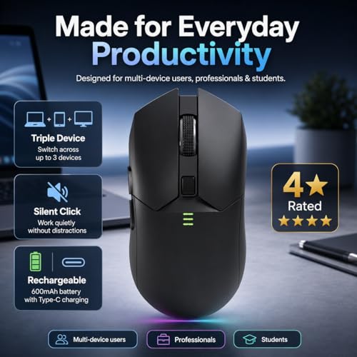 Image of Offbeat Ivy Blutooth 5.2 + 2.4Ghz Wireless Gaming Mouse | Triple Device connectivity | 5000 DPI 1000 hz pollinng Rate 6D Button | 600 mAh Battery 100 Hours Playtime | Silent Click (Black)