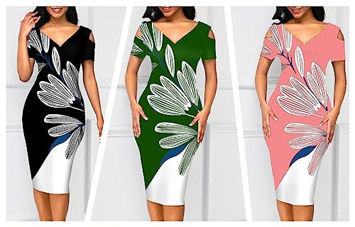 2023 Fashion Cold Shoulder Short Sleeve Floral Print Slim Ladies Work Wear Office Knee-Length Dresses 3XL-S4