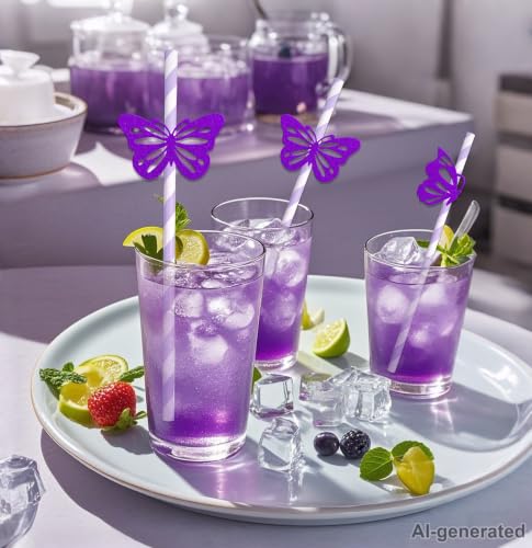 Pitillos decorativos de papel mariposa morado pack 24 miniatura 7