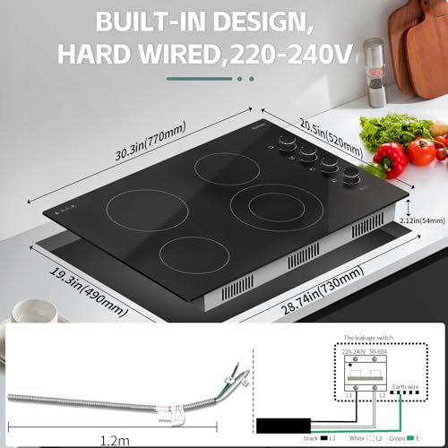Image of Karinear 30 Inch Electric Cooktop 4 Burners, Knob Control Ceramic Cooktop | 30 inch Radiant Electric Stove Top, Glass Protection Metal Frame,Hot Surface Indicator, 220-240V, HardWire, No Plug, Black Knob